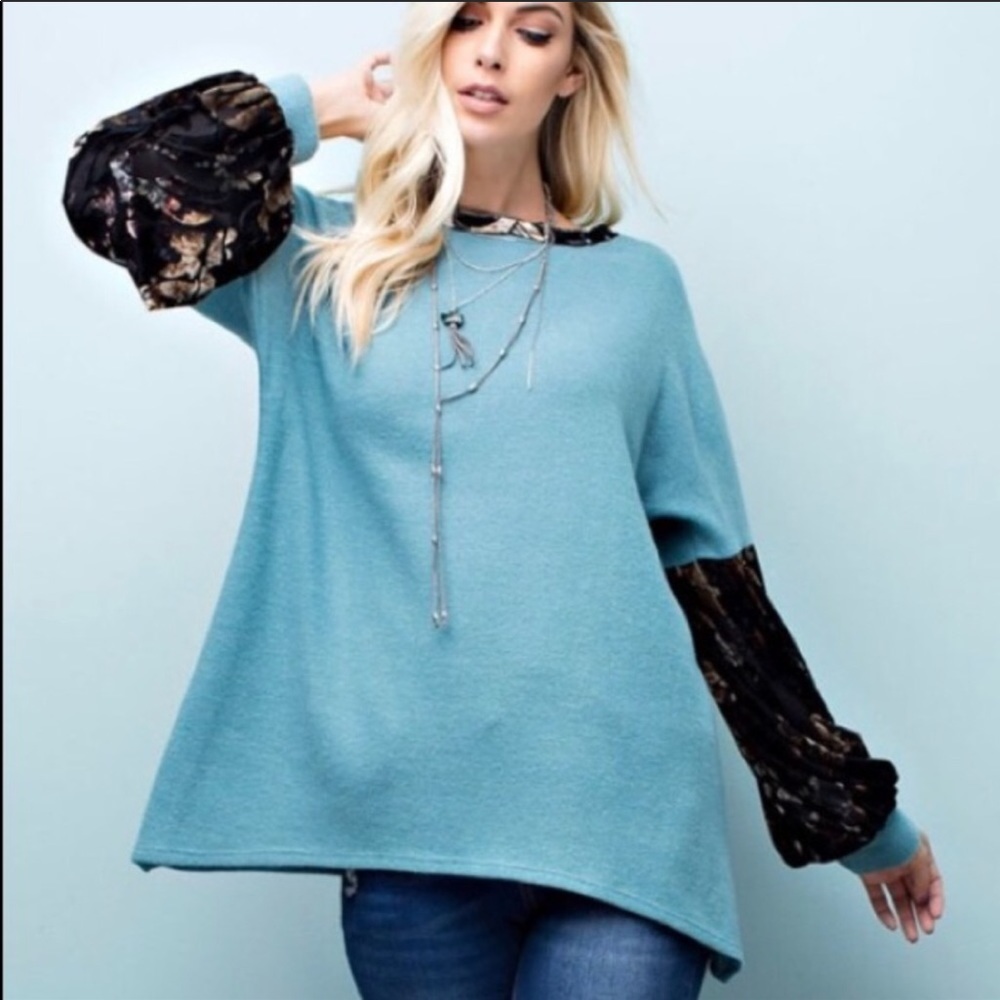 ❤️Brushed Knit Velvet Detail Lantern Sleeve Tunic! - Picture 1 of 5